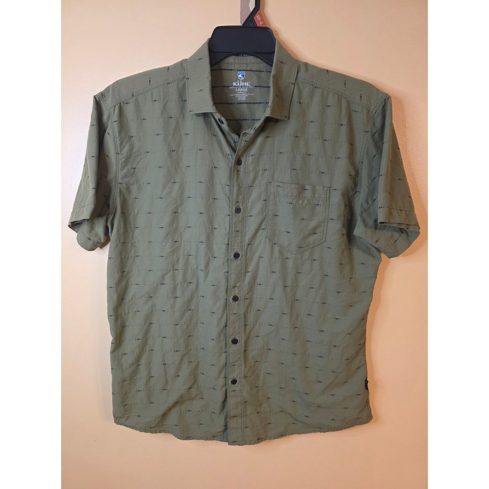 Kuhl Mens Large Olive Green Dash Pattern Short Sleeve Button Down Tapered Shirt